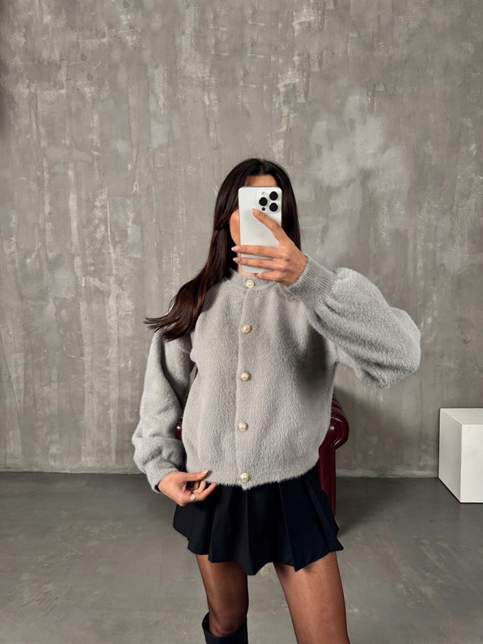 Talin Gri İnci Düğmeli Yumuşak Triko Hırka