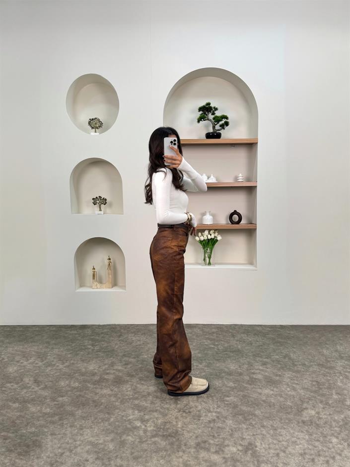 Vero Kahve Desenli Yıkama Kaplamalı Pantolon