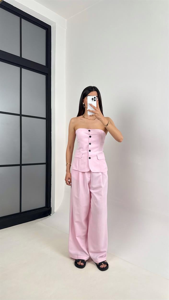 Pembe Straplez Düğmeli  Astarlı Yelek Cepli Pantolon İkili Keten Tasarım Takım Gaus00440