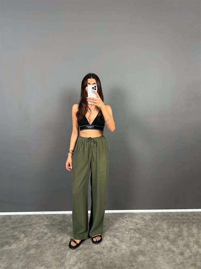 MD Haki Beli Lastikli Cepli  İthal Kumaş Rahat Dokuma Muadil Pantolon