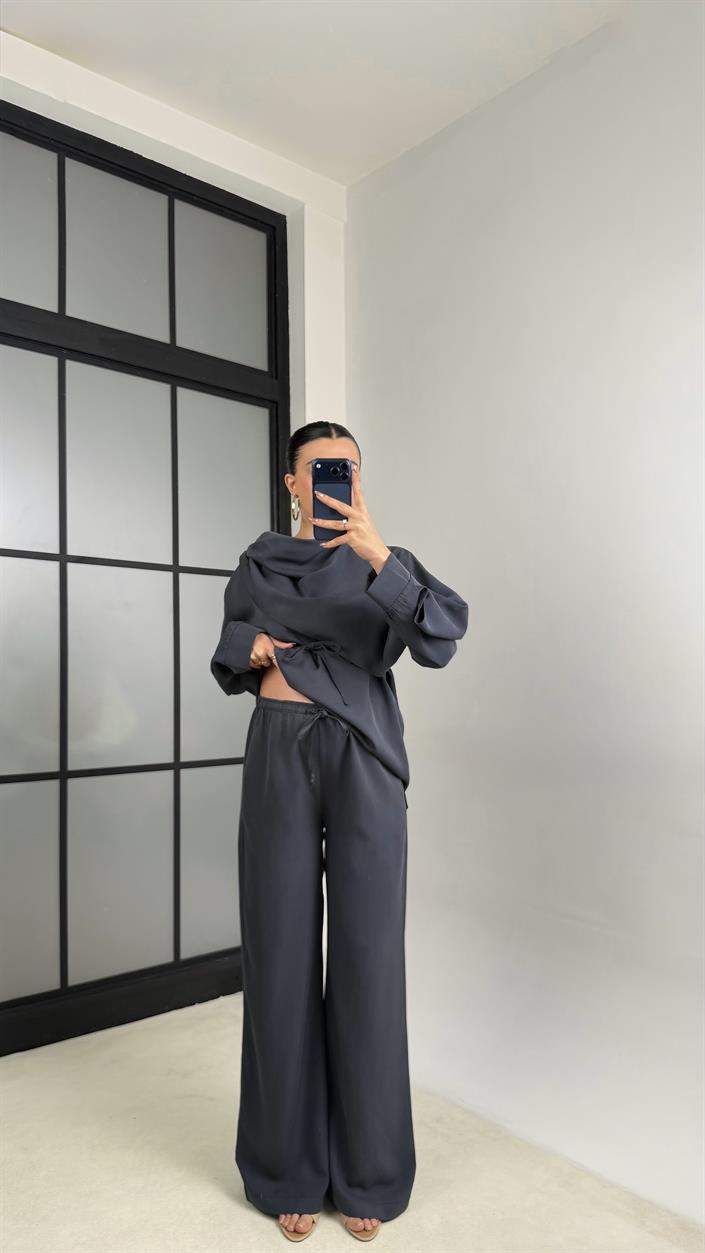 Antrasit Şal Detaylı Belden Kuşaklı Beli Lastikli İthal Kumaş İkili Takım GAUS-01154