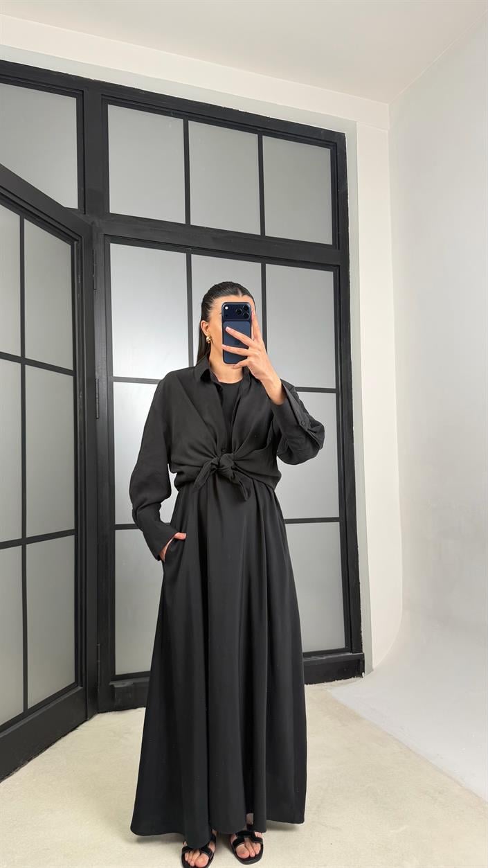 Siyah Gömlek Elbise Oversize İkili Tencel Takım GAUS-01423