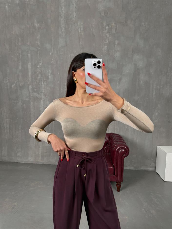 سيمون بلوزة شفافة لون مينك بياقة مادونا مكافئ لإم دي