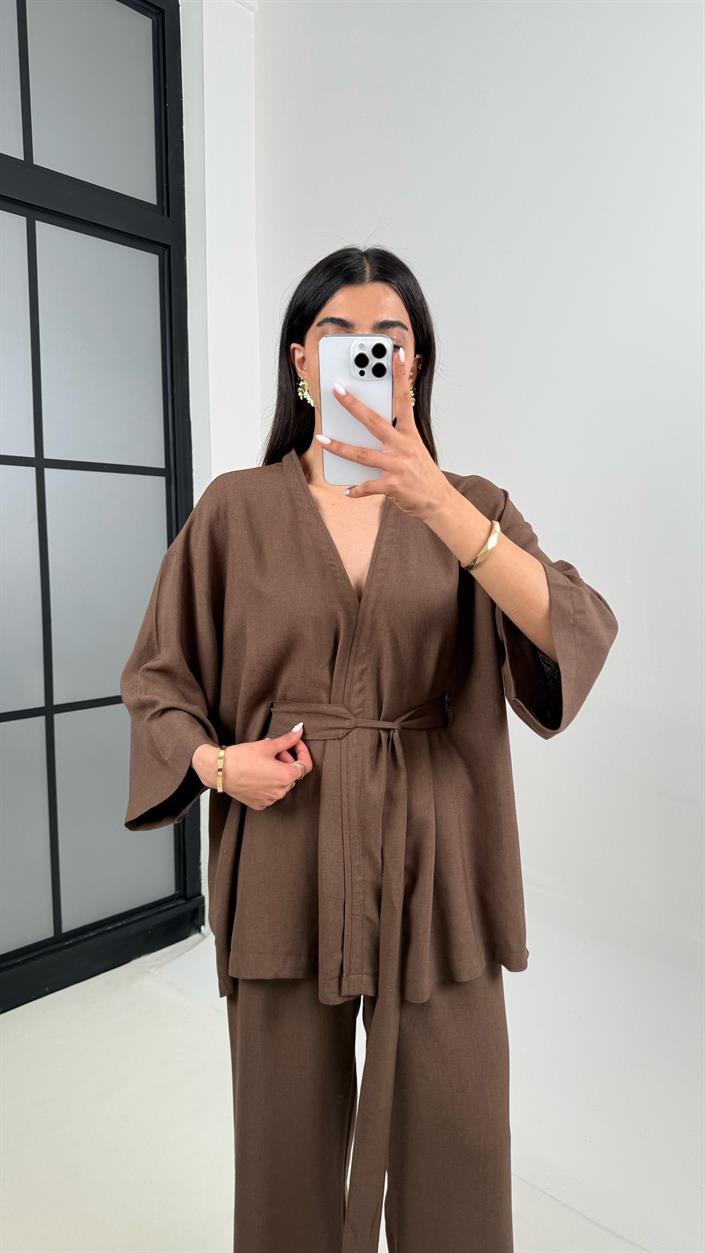 Kahve Kuşaklı Kimono Beli Lastikli Cepli Pantolon Keten Takım Gaus00397