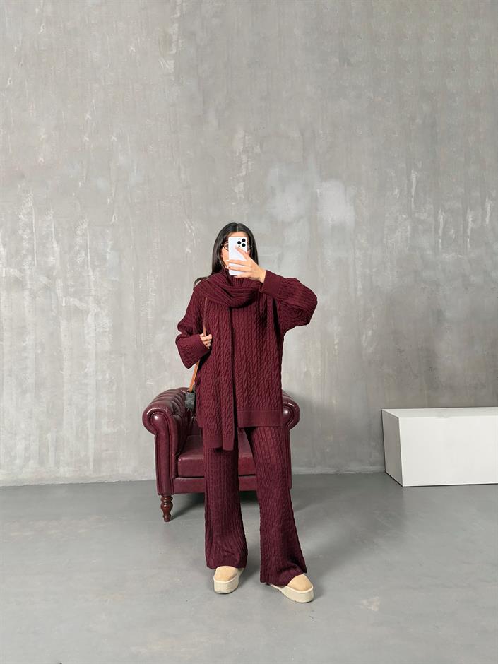 Jeday Bordo Atkı Detaylı Balıkçı Yaka Örme Triko Takım