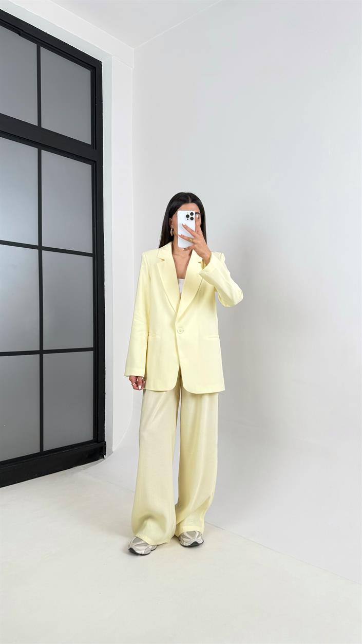 Sarı Astarlı Blazer Ceket Beli Lastikli Pantolon Tensel Takım Gaus00444