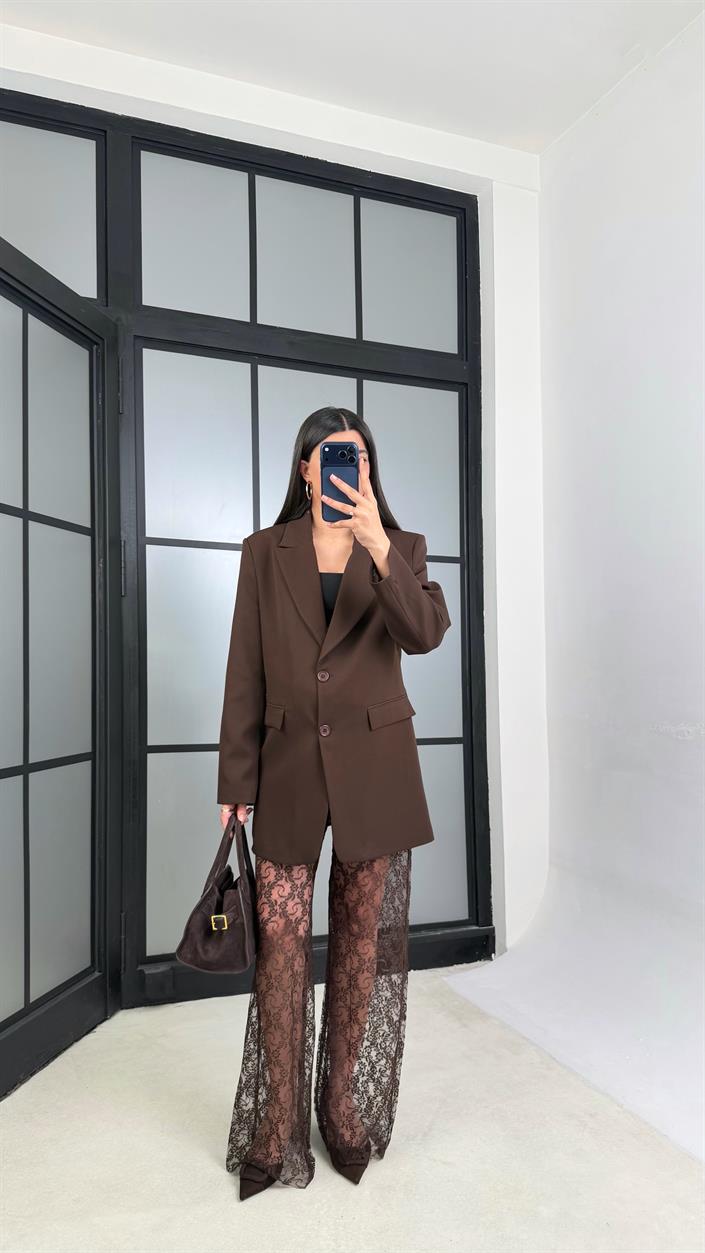 Kahve Astarlı Vatkalı Ceket Beli Lastikli Dantel Pantolon İkili Premium Takım GAUS-01220