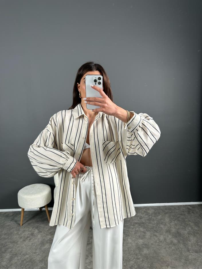 Lacivert Çizgili Keten Oversize Gömlek 