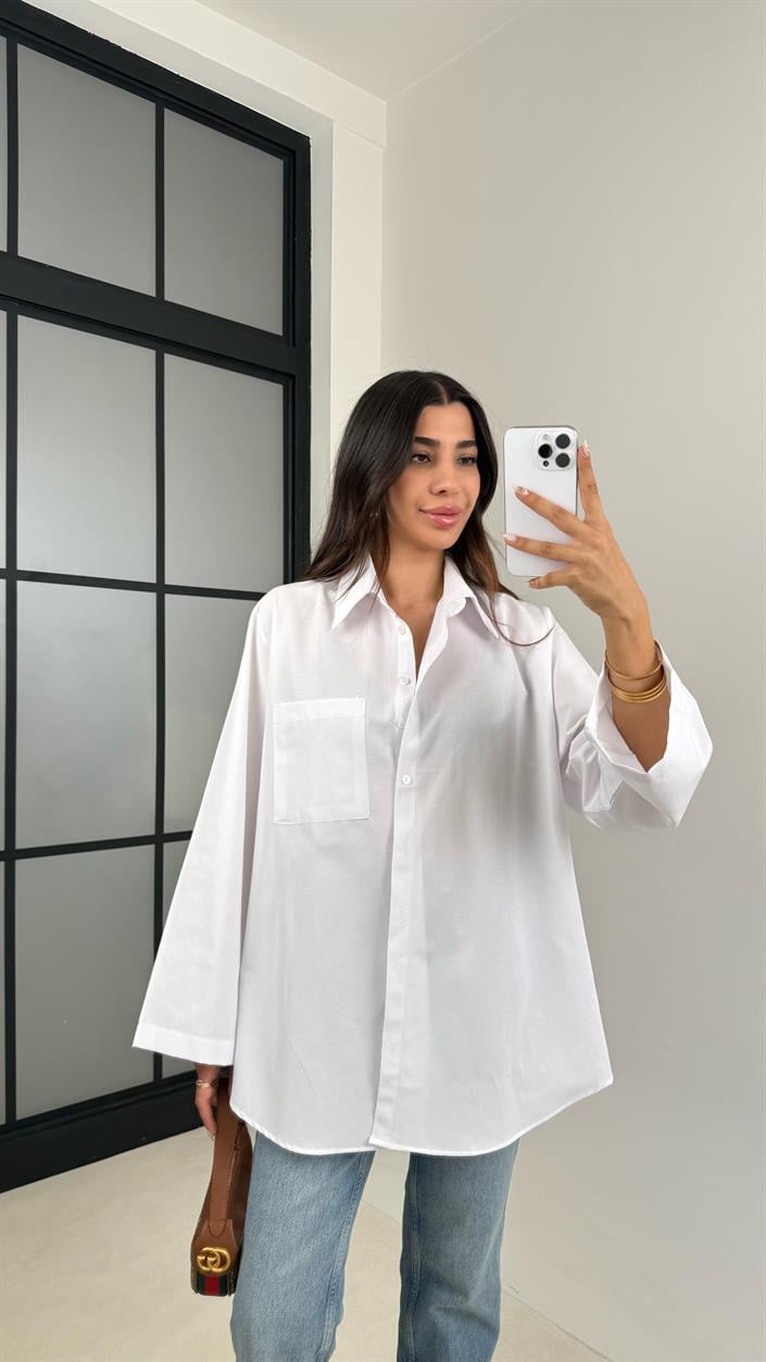 Beyaz Oversize Cep Detaylı Poplin Gömlek GAUS-0072
