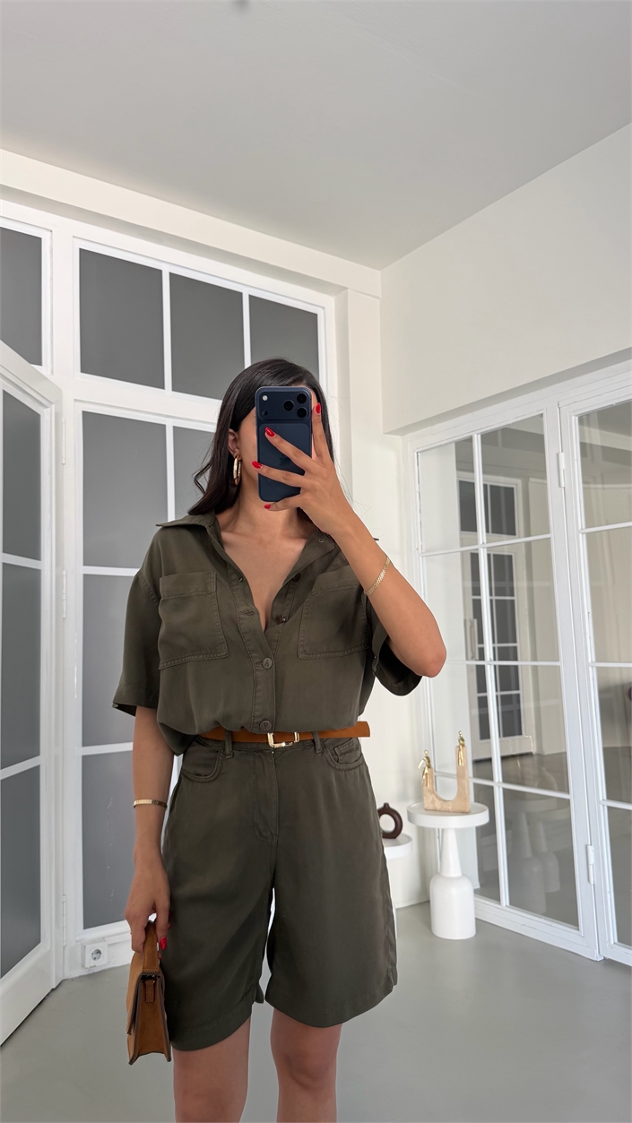 Yeşil Kemerli Tencel Denim Tulum GAUS-01863