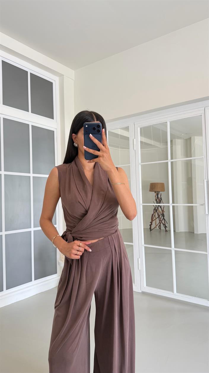 Kahve OYS Model Bağlama Detaylı Bluz Beli Lastikli Pantolon İkili Modal Takım GAUS-01662