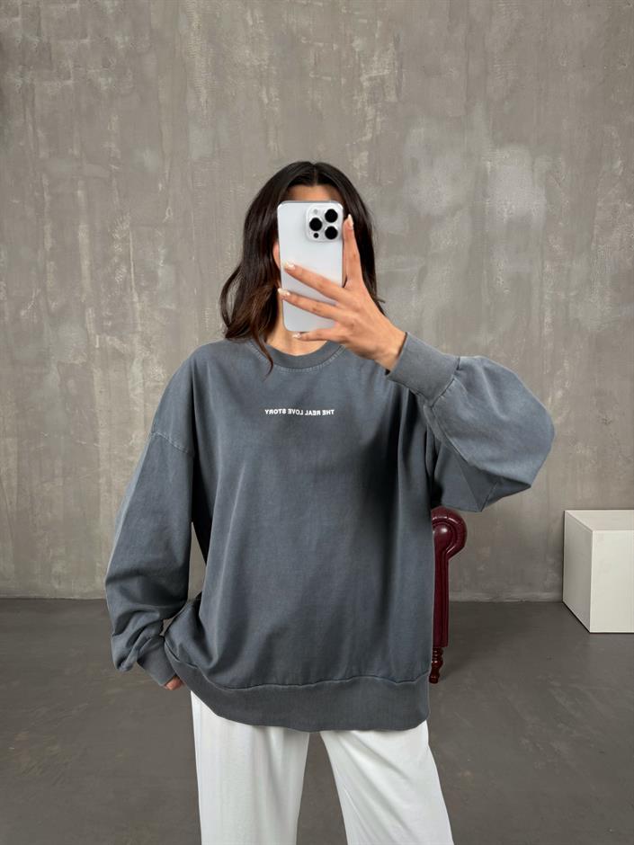 Kate Antrasit Yıkamalı Taşlı Oversize Sweat