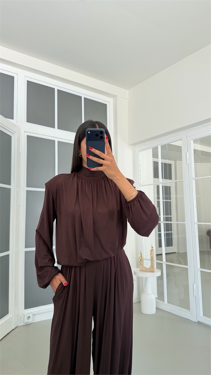 Kahve Vatkalı Bluz Beli Lastikli Cepli Şalvar Pantolon İkili Modal Takım GAUS-01868
