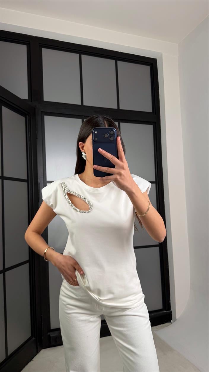 Ekru Vatkalı Taş Detaylı Muadil Bluz GAUS-01282