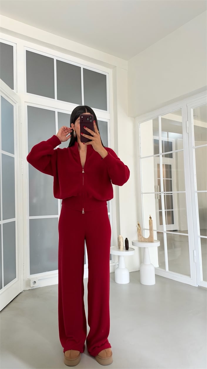 Kırmızı Çift Fermuarlı Hırka Beli Lastikli Pantolon İkili Yumuşak Kumaş Premium Takım GAUS-02303