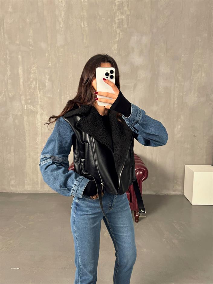 Lordy Siyah Kol Denim Detaylı İçi Kürklü Kemerli Biker Mont