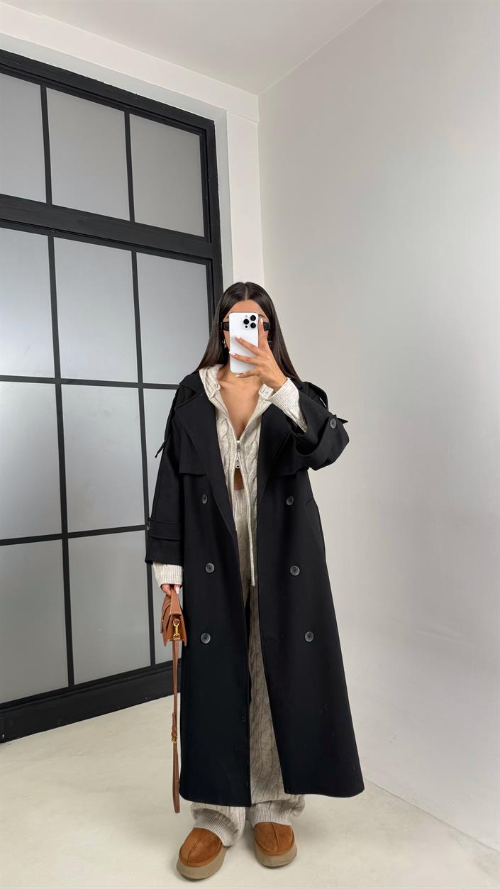 Siyah Astarlı Kuşaklı Premium Trençkot GAUS-00516