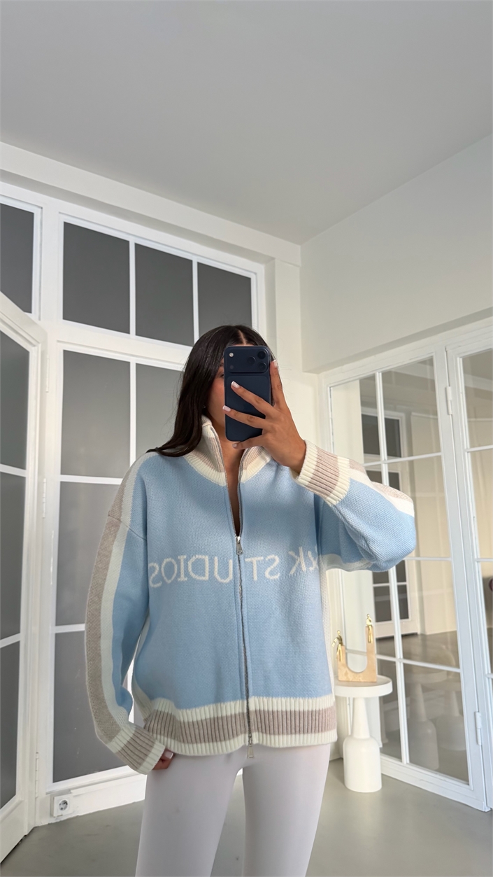 Mavi Yazı Detaylı Çift Fermuarlı Hırka GAUS-02055