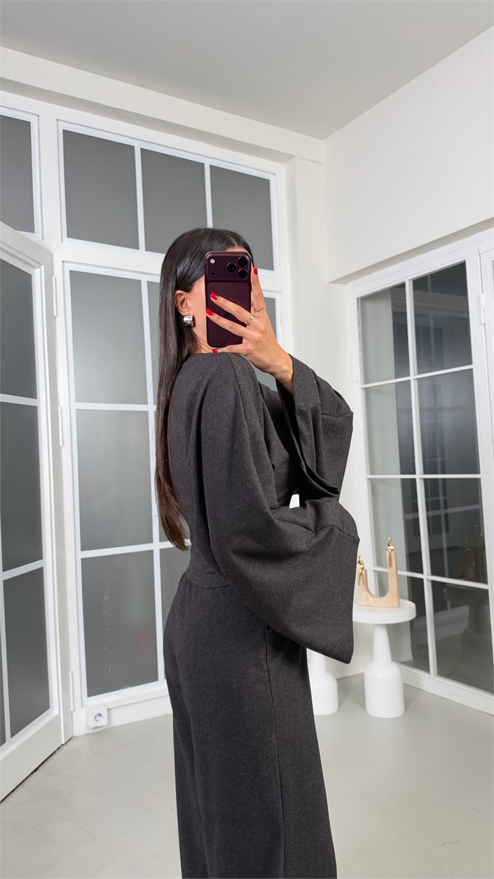 Füme Geniş Kol Bluz Beli Lastikli Pantolon İkili Kaşmir Dokulu Selanik Kumaş Takım GAUS-02293