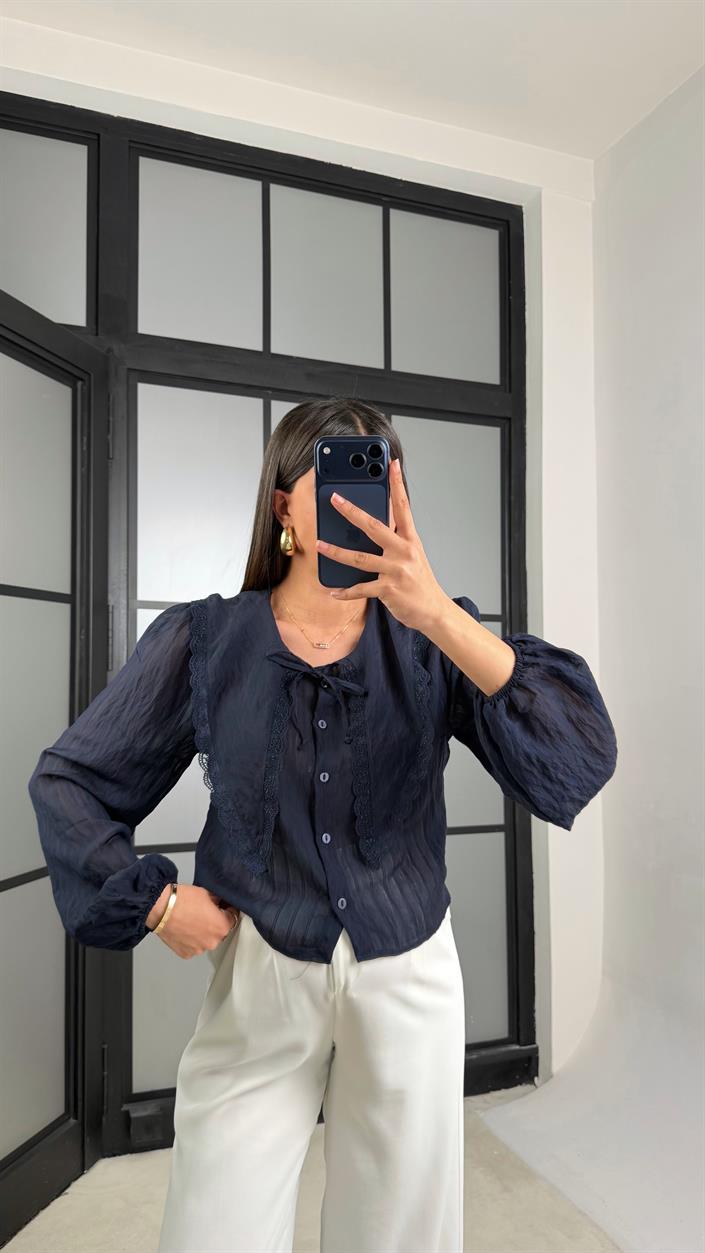 Lacivert Bebe Yaka Önü Bağlamalı Transparan Gömlek GAUS-01241