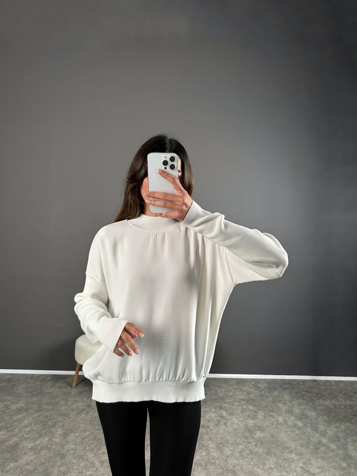 Beyaz Çelik Örme Triko Sweat