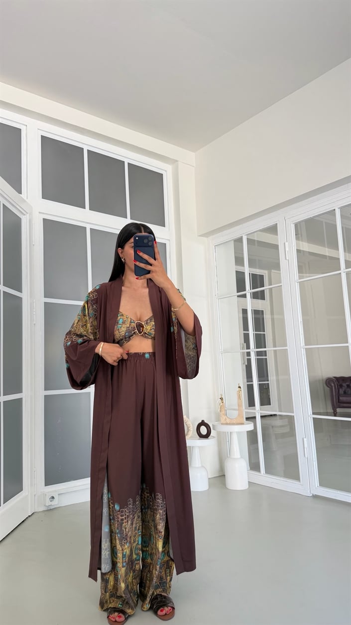 Kahve Kimono Crop Beli Lastikli Pantolon 3lü Desenli Premium Takım GAUS-01831