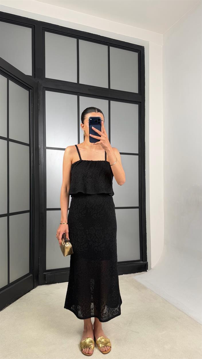 Siyah Askılı Nakışlı Beli Lastikli Triko Elbise GAUS-01398