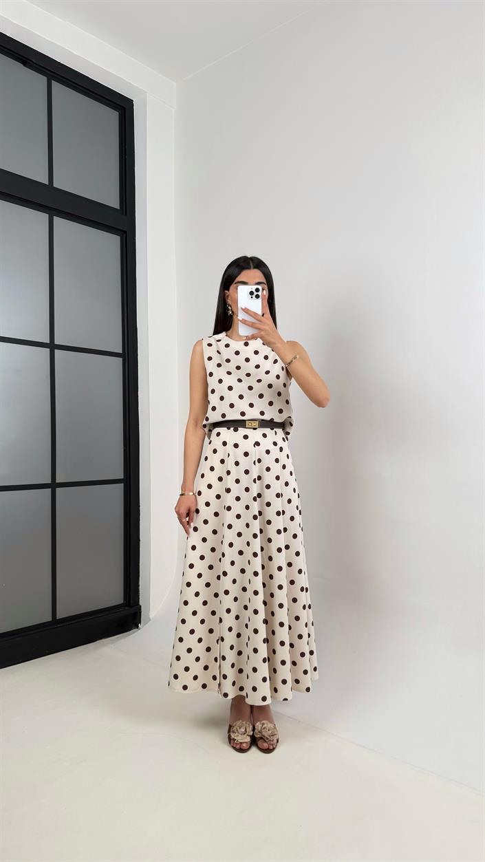 Taş Kahve Puantiyeli Crop Yırtmaçlı Etek Keten Takım Gaus00401
