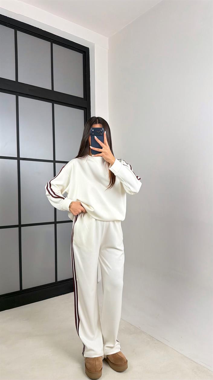 Ekru Şerit Detaylı Sweatshirt Beli Lastikli Eşofman İkili Modal Takım GAUS-00621
