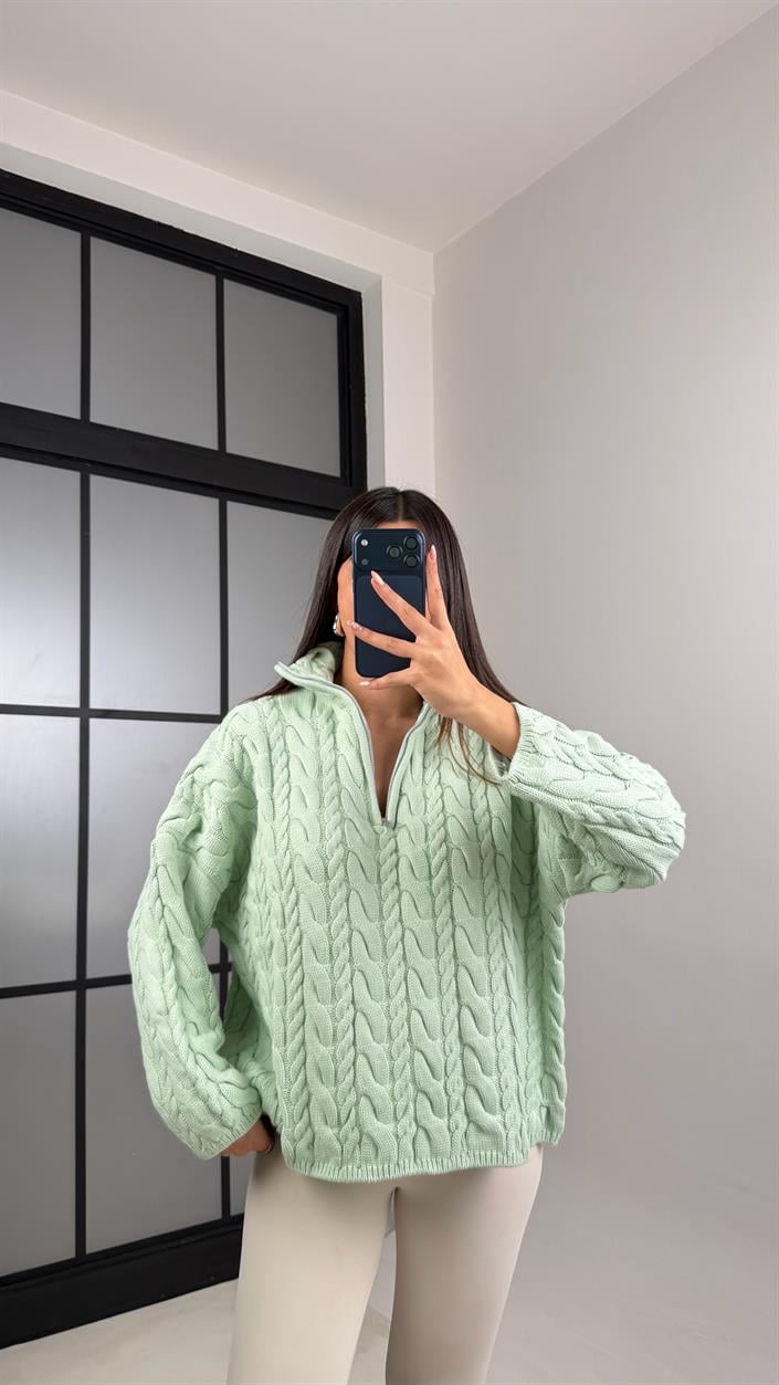 Açık Yeşil Fermuarlı Saç Örgülü Kazak GAUS-00855