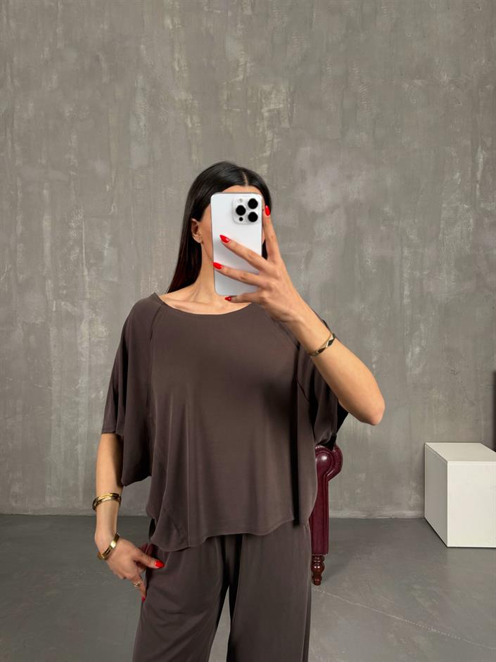 Kahve İnce Modal Kumaş Kısa Kol Muadil Basic Takım Gaus00197
