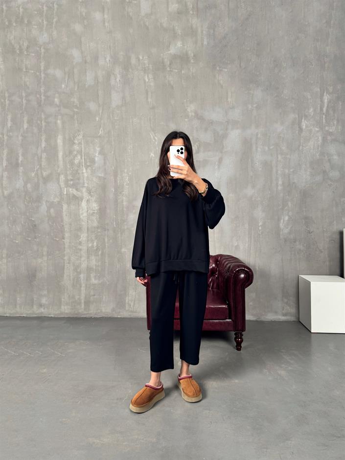 Serge Siyah Oys Kumaş Oversize İkili Takım 