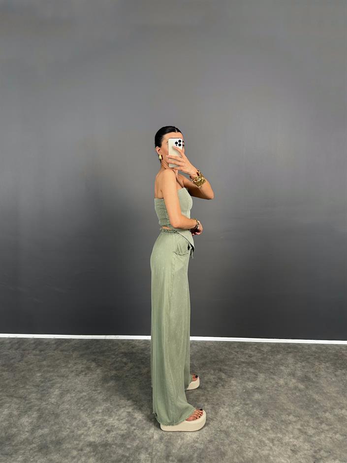 Spino Haki Yeşil Gabardin Crop Bol Paça Pantolon Takım