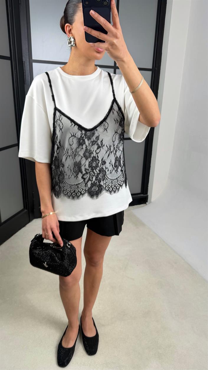 Ekru Dantel Atlet Detaylı Tshirt GAUS-01370