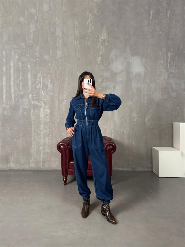 Setre Mavi Önden Fermuarlı Denim Tulum