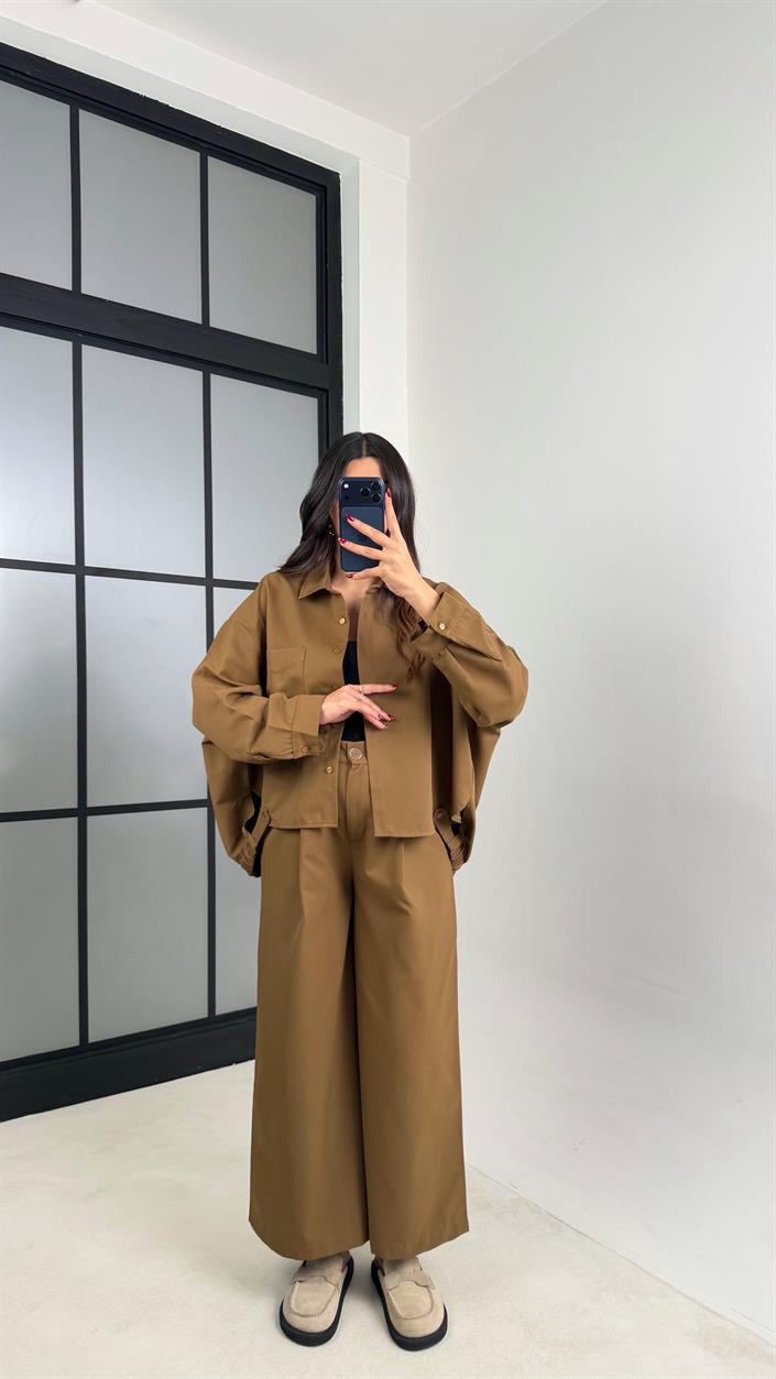 Yağ Yeşili Gömlek Beli Lastikli Pantolon İthal Kumaş Takım GAUS-00799