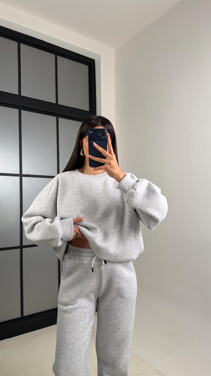 Gri 3 İplik Şardonlu ZR Model Sweatshirt Eşofman Takım GAUS-00809