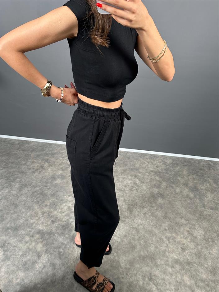 Rian Siyah Beli Lastikli Cepli Gabardin Pantolon