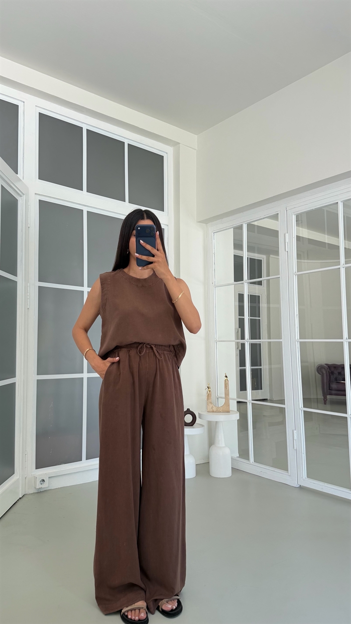 Kahve Bluz Beli Lastikli Pantolon Yıkamalı Tencel Takım GAUS-01795