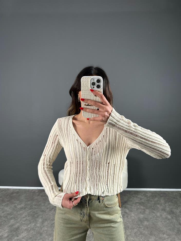 Taş Ajurlu Crop Hırka