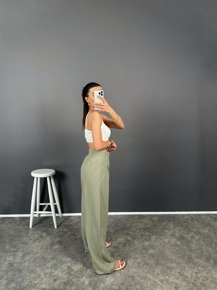 Bonum Soft Yeşil Cırt Bantlı Keten Pantolon