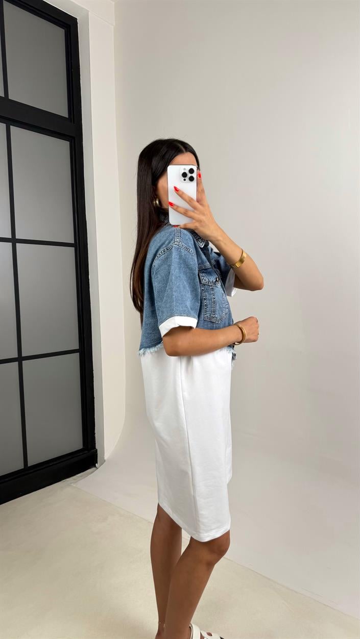 Beyaz-Mavi Önü Düğmeli Denim Üst Bloklu Elbise GAUS-0038