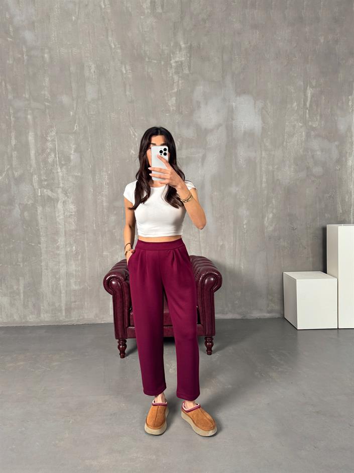 Weld Bordo Arkası Lastikli Cepli Harem Pantolon