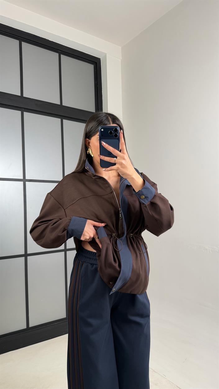 Lacivert Beli Lastikli Ceket Pantolon Paraşüt Kumaş Detaylı Modal Takım GAUS-01076