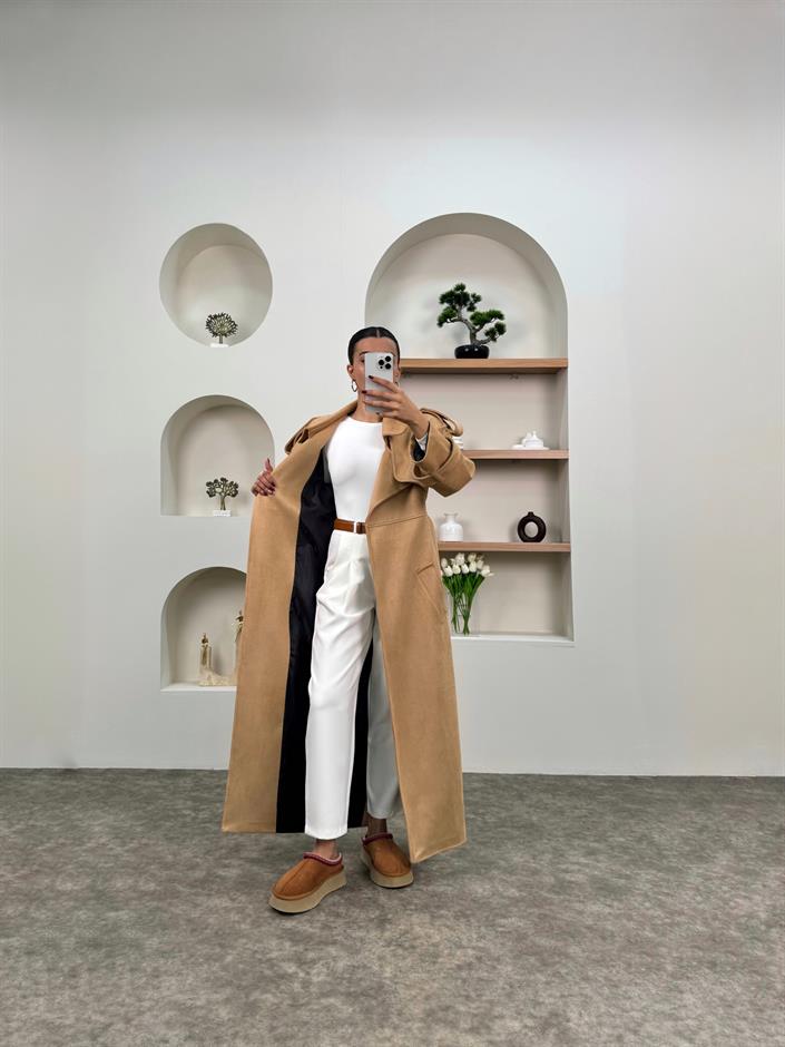 Aura Taş Kuşaklı Premium Süet Kaban