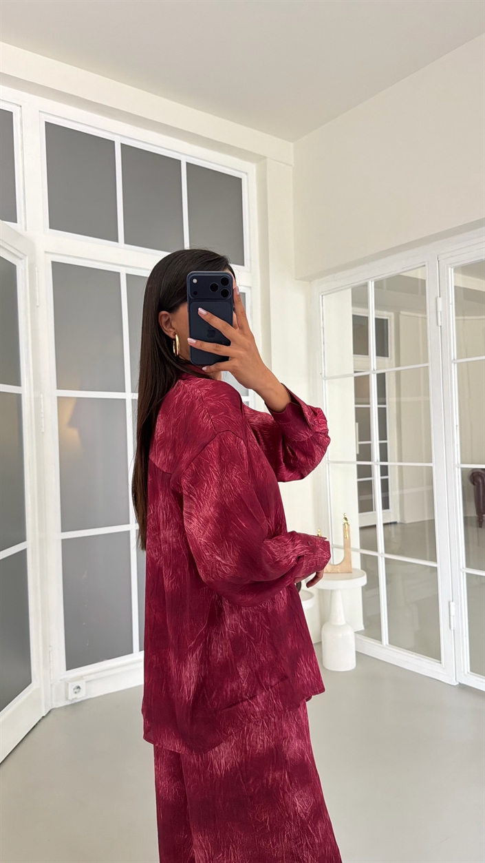 Bordo Gömlek Beli Lastikli Pantolon İkili Desenli Saten Takım GAUS-01754