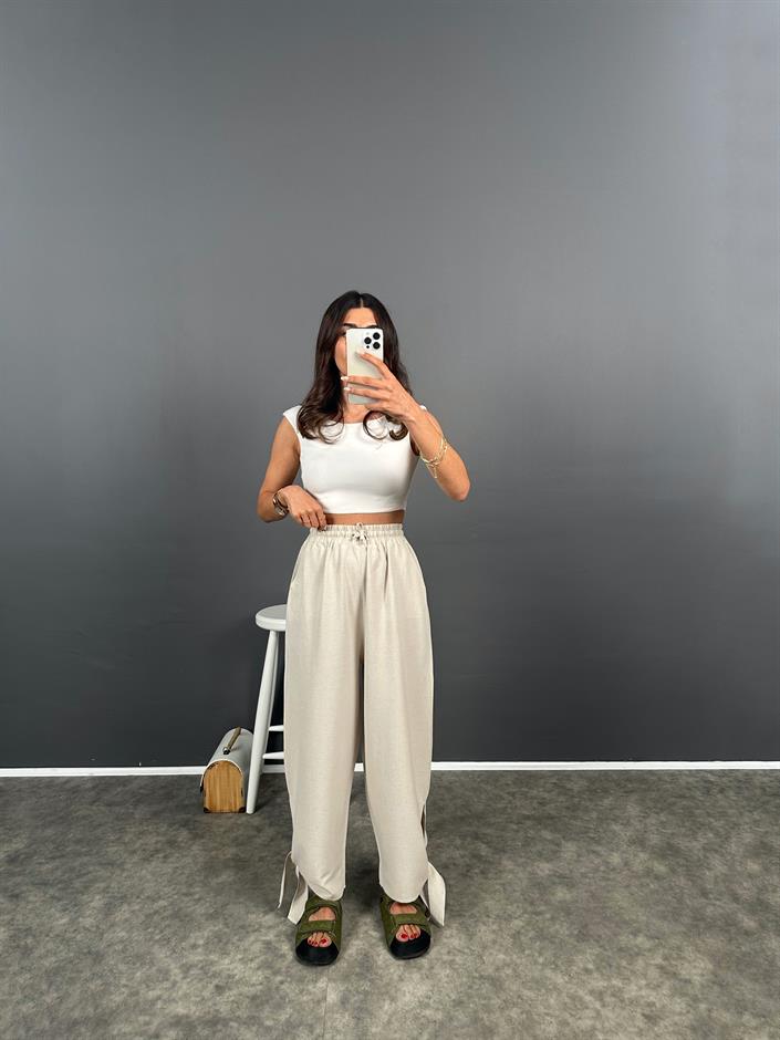 Taş Paçası Bağlamalı Rahat Dokuma Pantolon