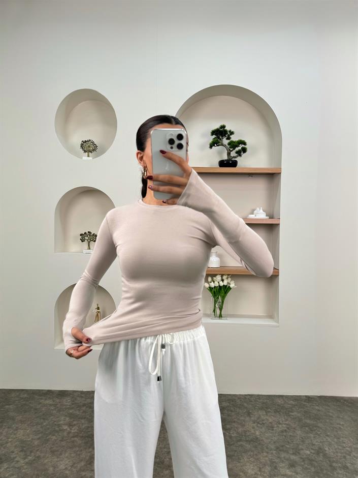 Odri Bej Oys Modal Kumaş Bisiklet Yaka El Detaylı Bluz