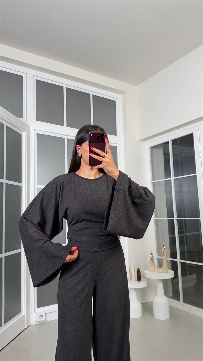 Füme Geniş Kol Bluz Beli Lastikli Pantolon İkili Kaşmir Dokulu Selanik Kumaş Takım GAUS-02293