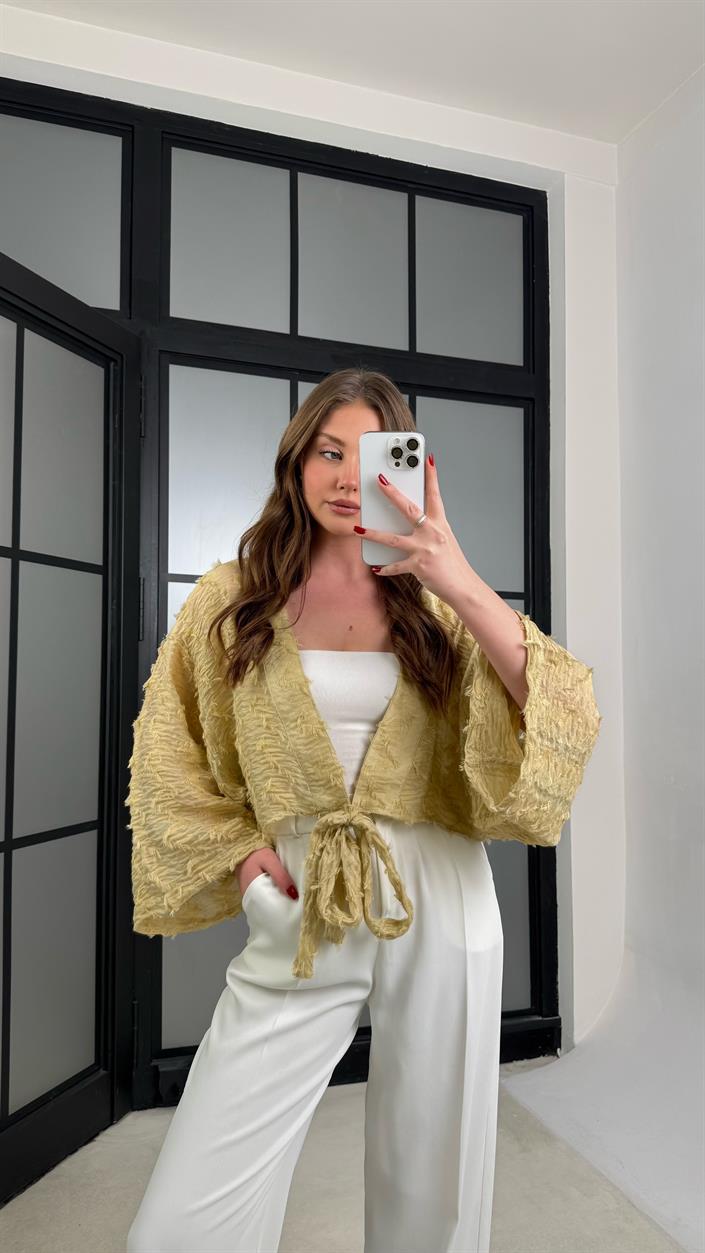 Yağ Yeşili Püsküllü Bağlama Detaylı Kimono GAUS-01277